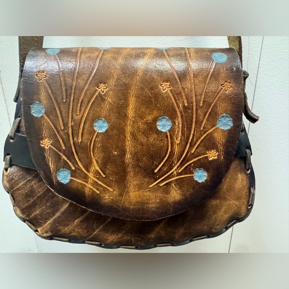 Handmade Handbags - Artisan Brown Leather Bag with Floral Design